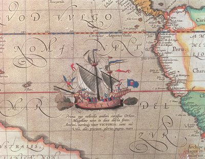 A Sailing Ship Firing Its Cannon, Detail from a Map of the Pacific, China and America, 1599 by Abraham Ortelius